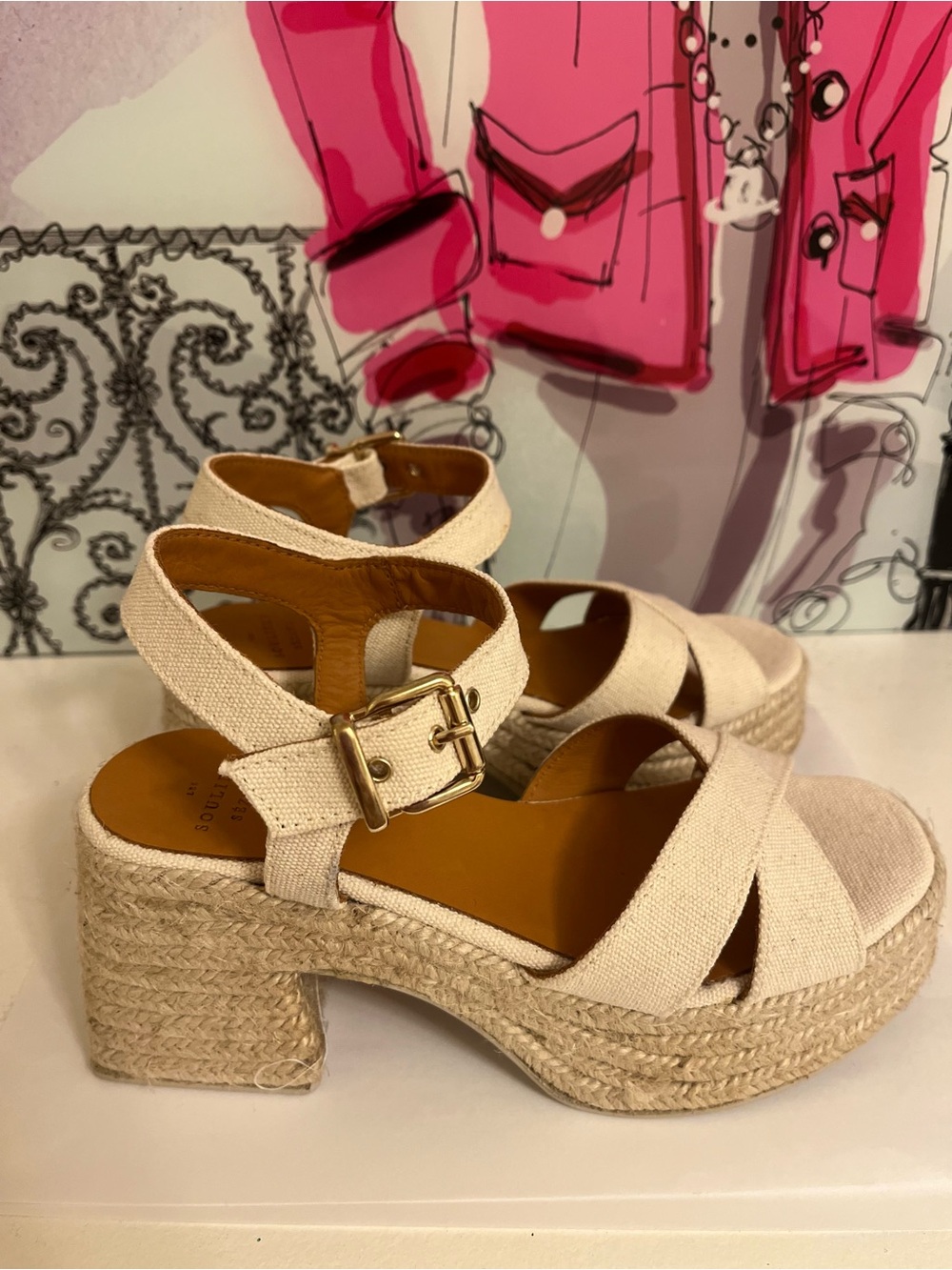 Les Souliers Sézane Block Heel Espadrille Sandals — Cream — Size EU 35 (US 5) - Picture 3 of 8